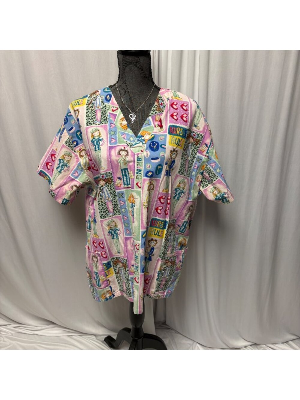 White Swan Scrub Top Womens Size XL Nurses Rule Cartoon Short Sleeve V-Neck